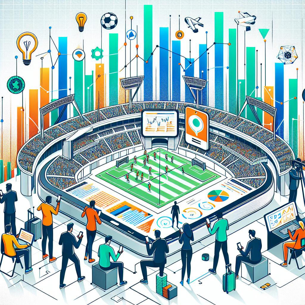 Create a 2D, Linear perspective image in a corporate Flat vector style. The image's background should be white and textureless, showcasing a representation of a sports scenario with a stadium in the background. In the foreground, there should be diverse journalists of varying genders and descents utilizing mobile devices, symbolizing innovation and technology. The scene should also include sports performance graphs, emphasizing data analysis. Additional elements to include are Artificial Intelligence icons to underscore the application of AI, and vibrant colors to attract attention and highlight the energy of sports.