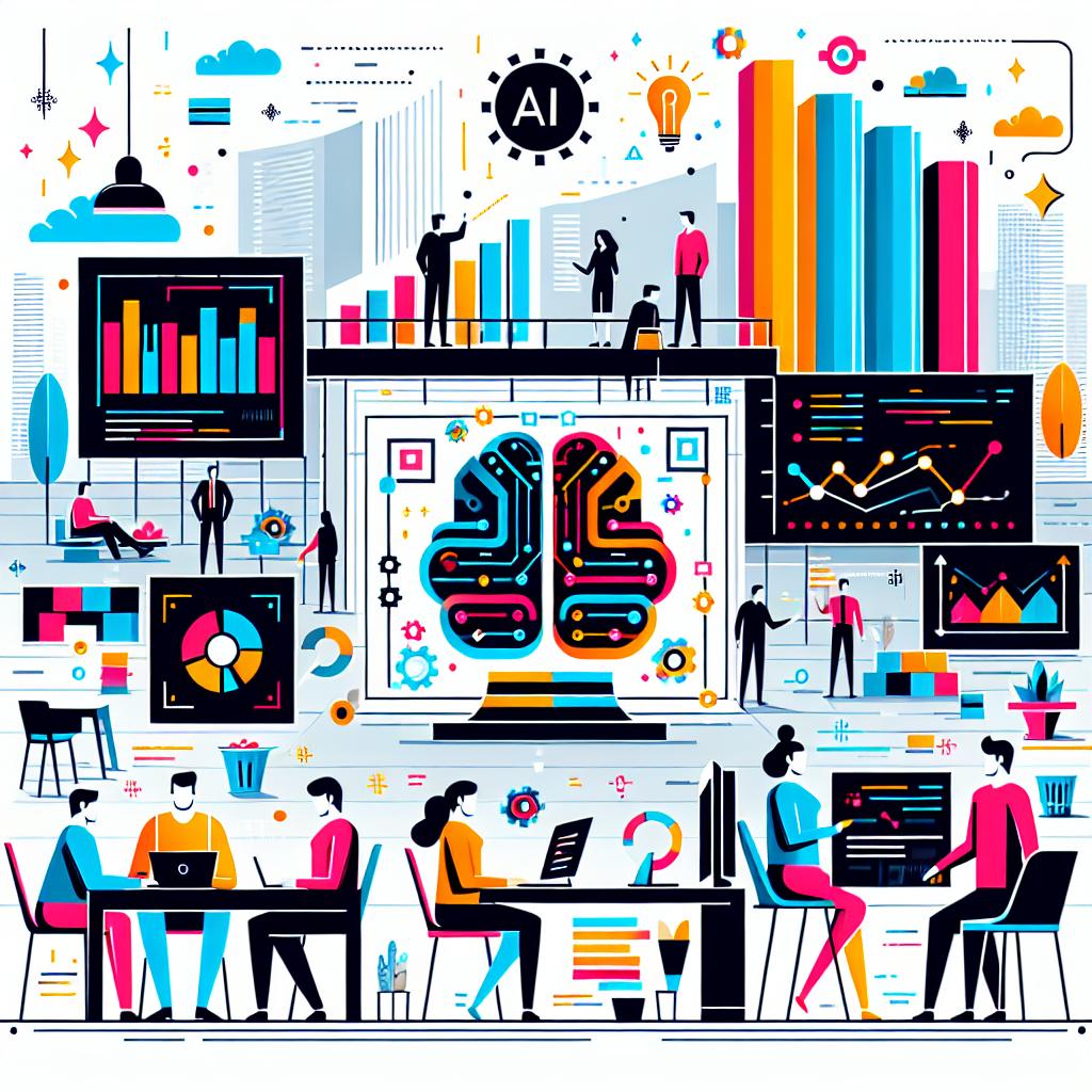 An image in a vector, flat, corporate style showcasing the innovative artificial intelligence technology 'DeepSeek R1' launched in January 2025. The image depicts a modern setting which symbolizes collaboration and innovation between developers and this new AI technology. The elements of the image include bright contrasting colors to represent innovation, icons related to coding symbolizing software development, performance graphs to exhibit efficiency, and silhouettes of people of different genders and descents working together, highlighting the community aspect of technology. All of this is set against a plain white, no texture background in a 2D, linear perspective view.