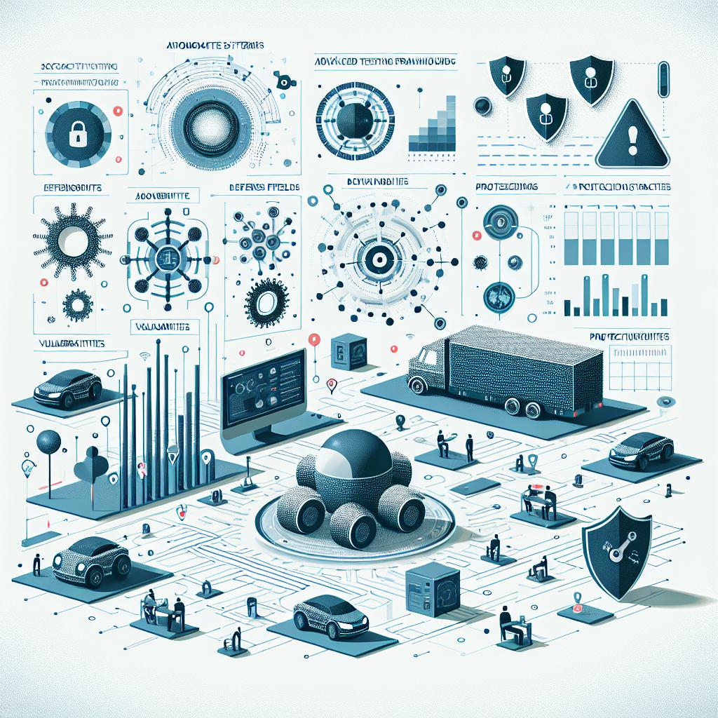 Create a two-dimensional vector image in a flat, corporate style, with elements that metaphorically represent security in autonomous systems set against a textureless white background. Place particular emphasis on the visual representation of advanced testing frameworks aimed at ensuring the integrity of these systems employing a zero-trust approach. This can be symbolised by depicting risk and defence graphs, illustrating vulnerabilities and protection strategies. Set the scene in a digital environment indicative of the operation field of autonomous fleets. And finally, scatter various tech icons across the image to underscore the focus on innovation.