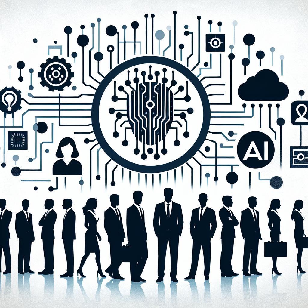 Create a vector-style, flat, and corporate 2D image representing the integration of artificial intelligence in the US public administration. On a white and textureless background, display silhouettes of government professionals that symbolize collaboration between AI and governmental agencies. Include visible circuits and data to symbolize AI technology, but replace specific company logos with a generic symbol for AI technology and a cloud platform, which highlight the platforms utilized.