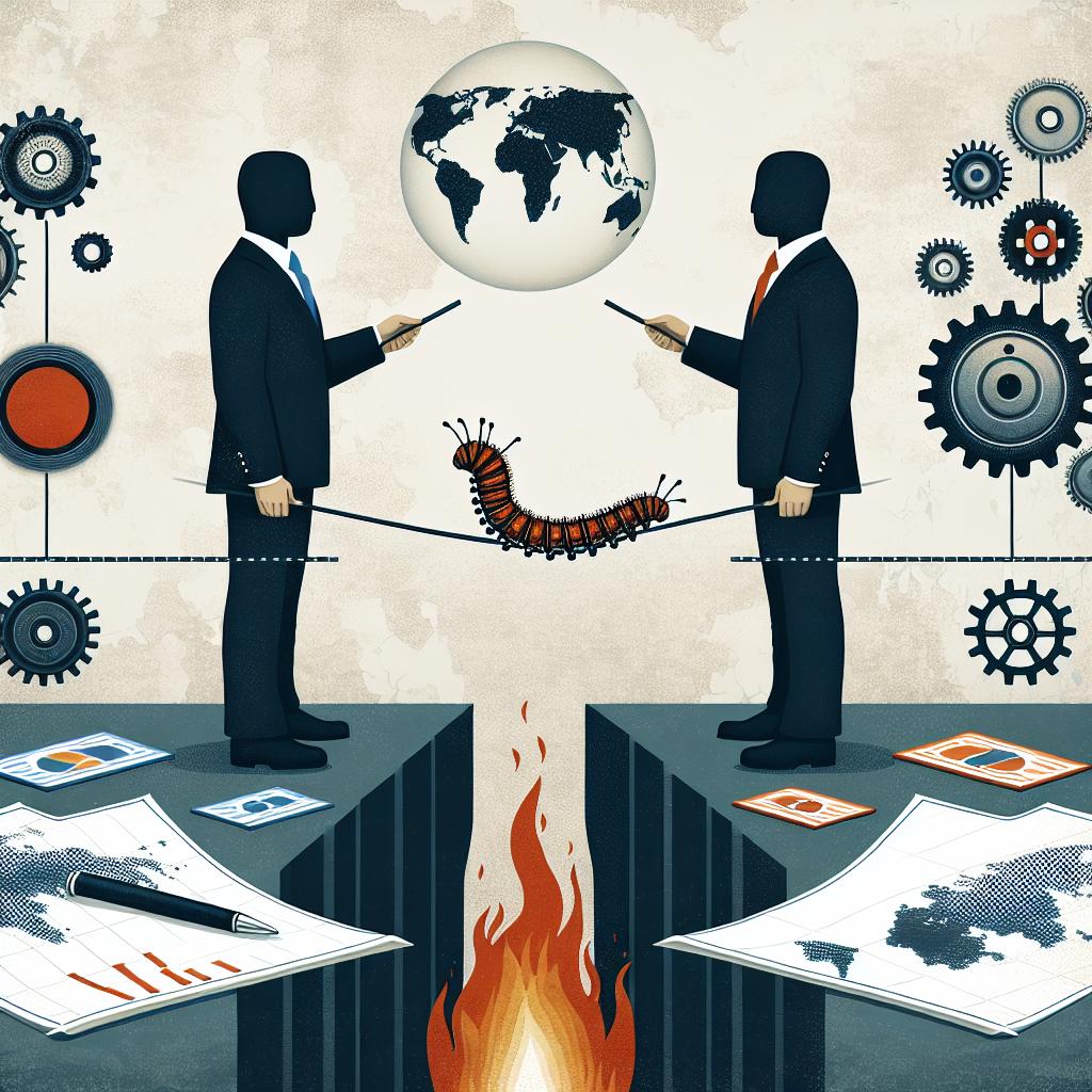 A corporate styled, flat, vector image capturing a tense interaction between two faceless figures standing opposite each other, symbolizing a CEO and a politician. The background is textured white. In 2D linear perspective, we see a caterpillar crawling along a tightrope between them, signifying the transformative potential of Artificial Intelligence (AI) in the economic landscape. Below them, there's a fire burning, symbolic of the intense debate at hand. Scattered around the scene are gears, illustrating the mechanics of innovation and collaboration among corporations. In their hands, they hold unfolded maps, depicting the global competitiveness, especially pinpointing China.