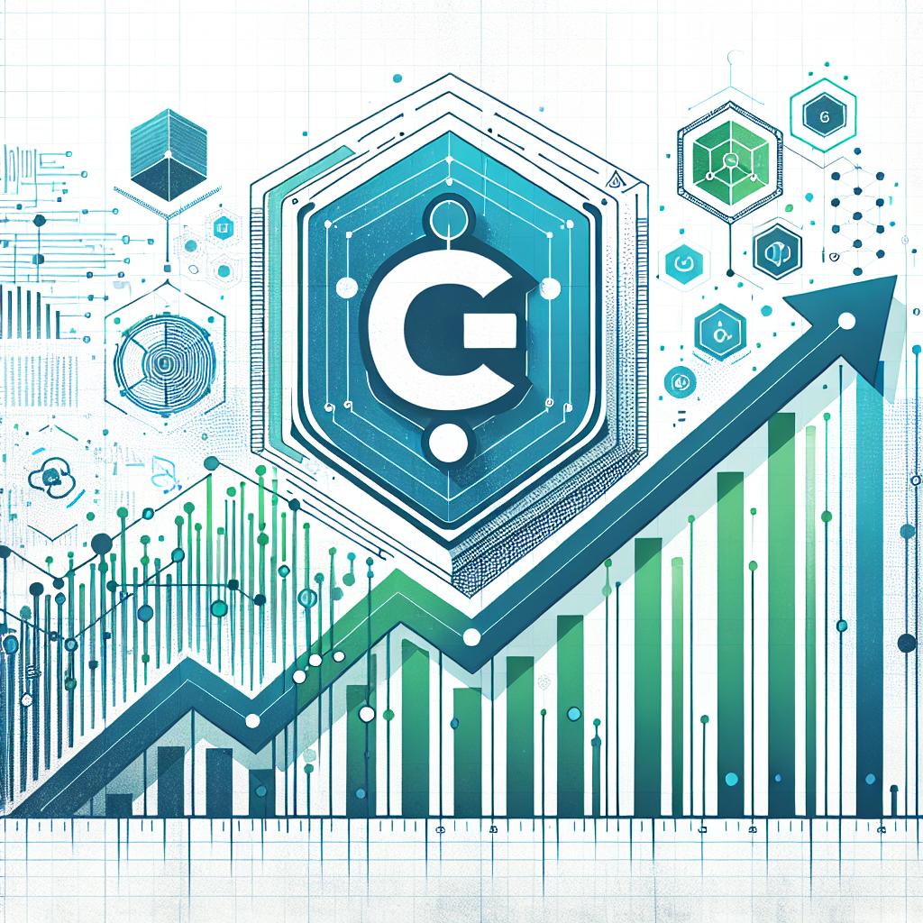 Create a vector-style, corporate, 2D, linear perspective image on a textureless white background. Key elements should include upward trending graphs signifying growth and positive performance, and the C3.ai logo centrally placed to draw attention to the company. Use the colors blue and green to convey trust and technology. The image should symbolize growth and innovation in line with the technology sector. Please note that the C3.ai logo does not have to be an exact replica but should be reminiscent of it, without violating any copyright laws.