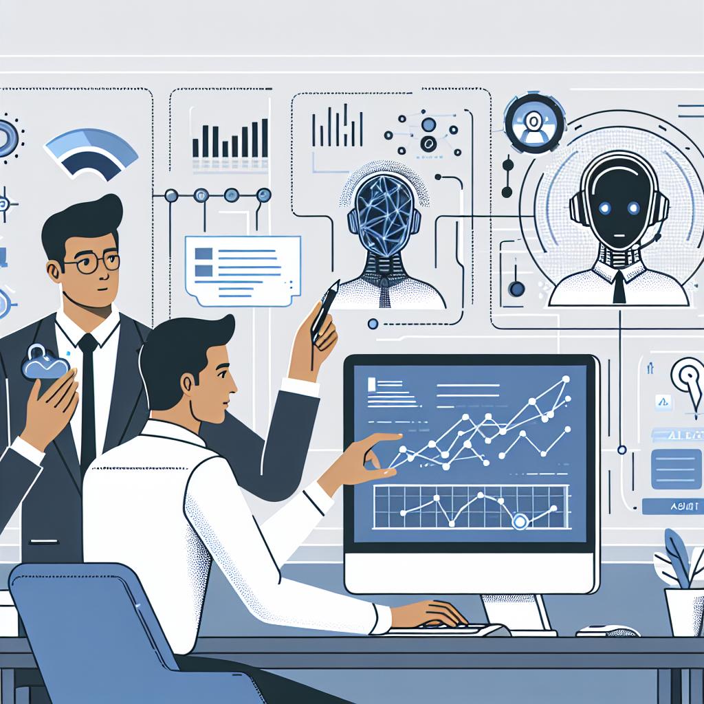 An image illustrating the concept of 'Digital Transformation with AI' in a 2D linear perspective. The main scene portrays a Hispanic male professional analyzing data on his computer screen while interacting with an AI assistant. Elements present are a modern computer, symbolizing the use of technology in data tasking, and an AI assistant, symbolizing automation and decision-making support. Visualised data and graphs on the screen illustrate the importance of visual information in performance analysis. The background is white, textureless, and has technological elements suggesting an environment of constant innovation. The style should be vector-based, flat, and corporate.