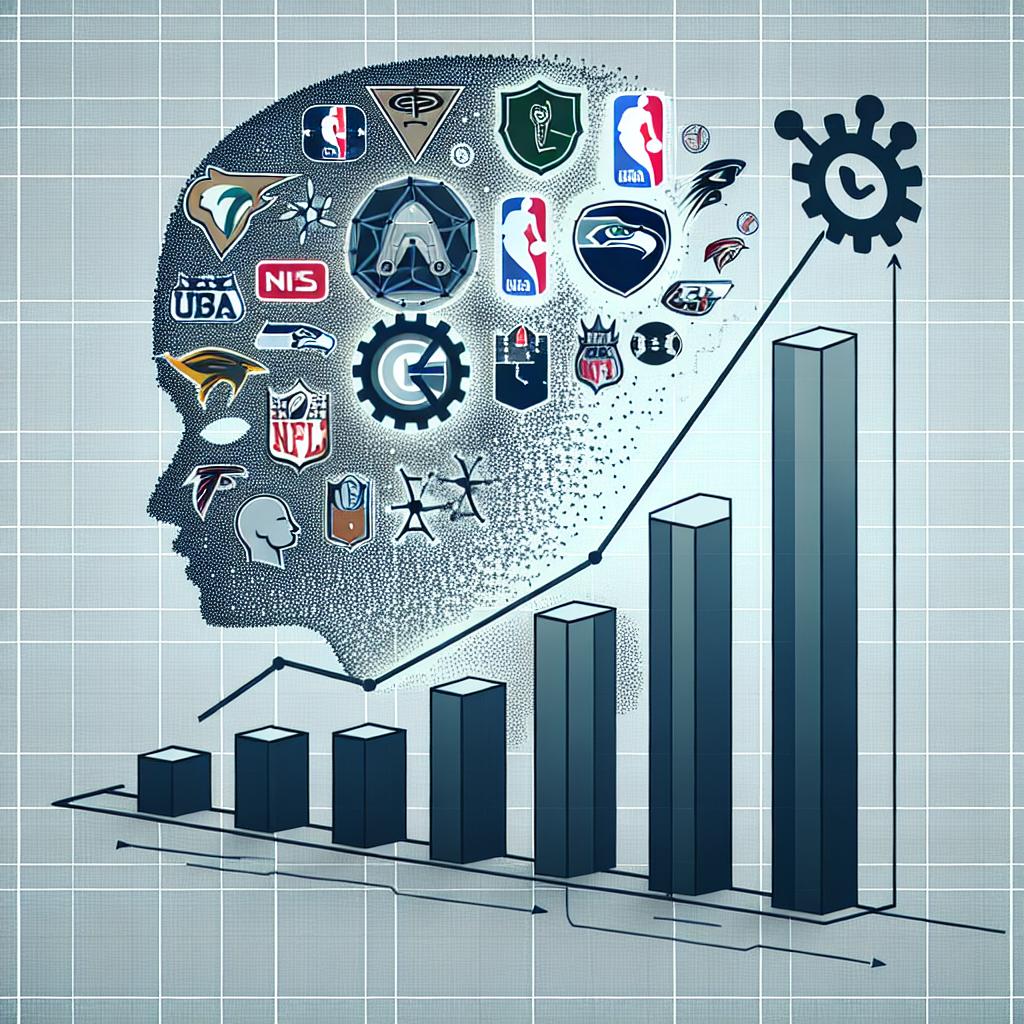 An image in the Corporate, Flat Vector style with a white, textureless background and 2D, linear perspective. The main focus of this image is a growth chart symbolizing the rise in sports revenues due to new strategies. Surrounding this chart are logos of diverse sports teams which represent the franchises being analyzed. To highlight the use of artificial intelligence, include technology-related icons such as gears or AI chip. Please note that all logos should be generic, avoiding any copyright violations, and representing a variety of sports such as football, basketball, baseball, etc.