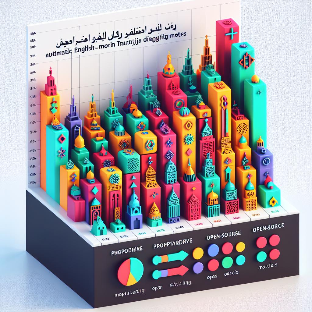Render a 2D, linear perspective image adhering to a corporate, flat-vector style. The background is textureless white. The main content of the image is a graph comparing the performance of various automatic English to Moroccan Darija dialect translation models. Highlight the distinctions between proprietary and open-source models regarding their success rates. Incorporate vibrant color schemes into the graph to symbolize Morocco's cultural diversity. Additionally, depict language icons to represent multicultural translation and communication.