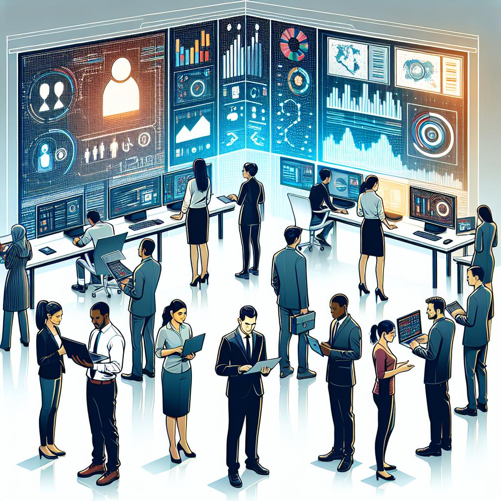 Generate a 2D vector-style, corporate image on a plain white backdrop. The image should be set in a modern, collaborative tech environment where a diverse team of tech professionals are busy analyzing data. Readily visible should be a Middle-Eastern female data scientist, a South Asian male software engineer, a Caucasian female project manager, and a Black male AI specialist. In the background, showcase brightly lit screens displaying interactive graphics and data, signifying real-time data analysis. These elements should underscore constant innovation, inclusion, and collaboration in technology.