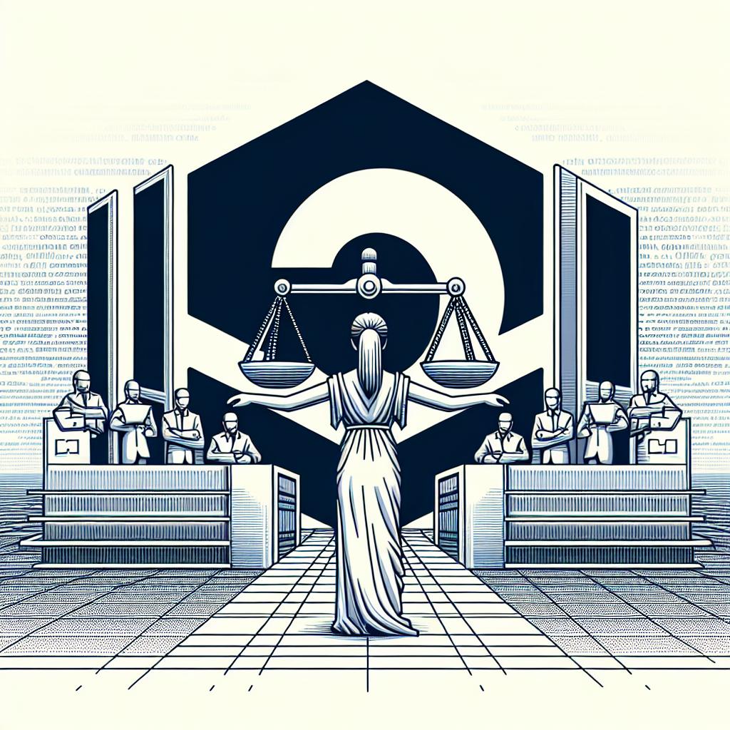 Create a vector-styled, corporate, flat image with a 2D, linear perspective. The image foreground features the OpenAI logo that symbolizes the company involved. This logo lies at the center of attention, encapsulating the tension between technology and copyright issues. On either side of the logo, include visual motifs of justice scales depicting the struggle for copyright rights. The image should evoke a journalistic context of the dispute, possibly by incorporating elements of a news background. The overall setting of the design should be on a plain, textureless white background.