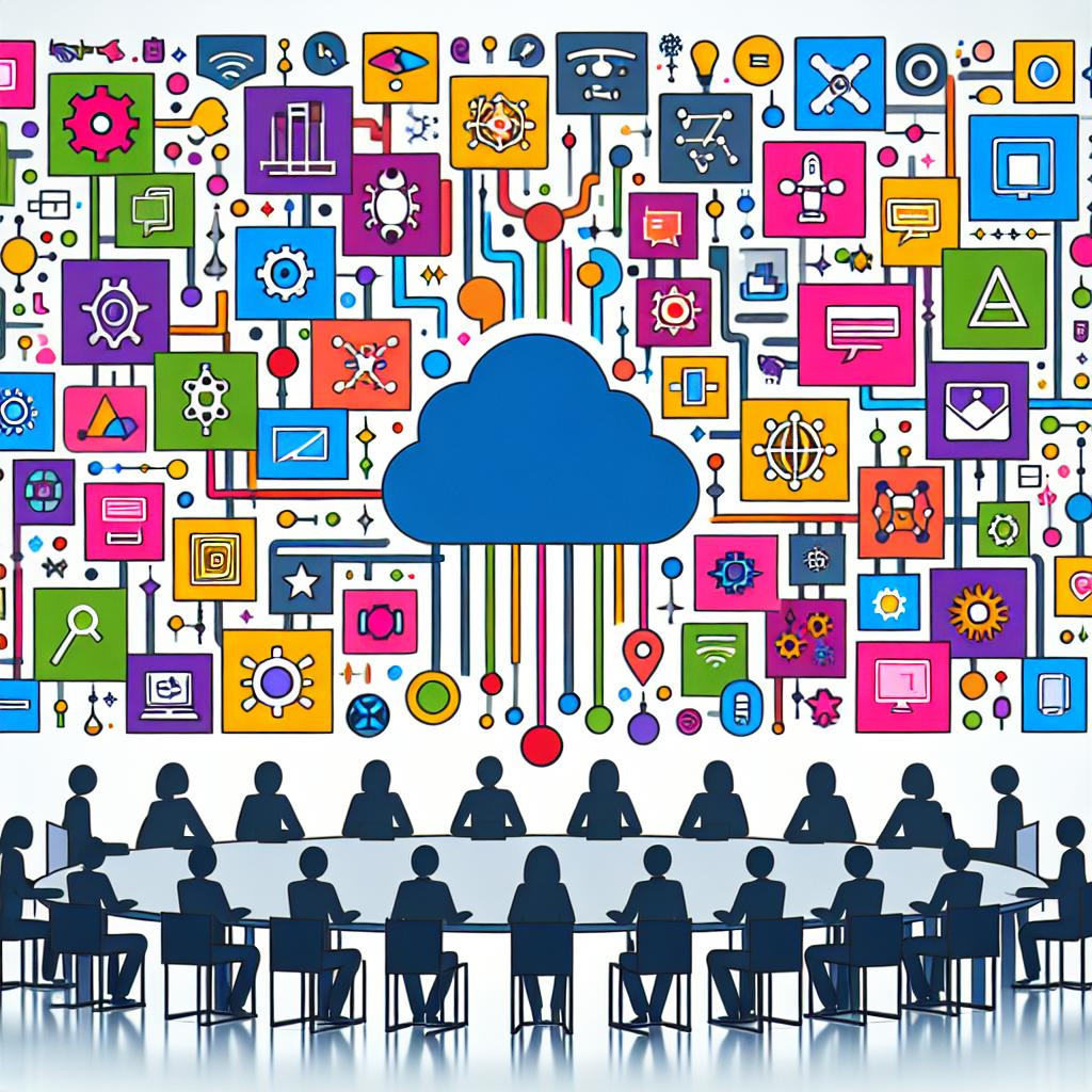 Create a 2D, flat, corporate-style vector image with a plain white background. On this scene, visualize an interconnected network of different technology companies, each represented by vibrant colored symbols or icons. The tech companies are in a collaborative setting, with DeepSeek at the center, signifying its significance and impact on the global AI market. The color palette must exhibit the themes of innovation and market change.