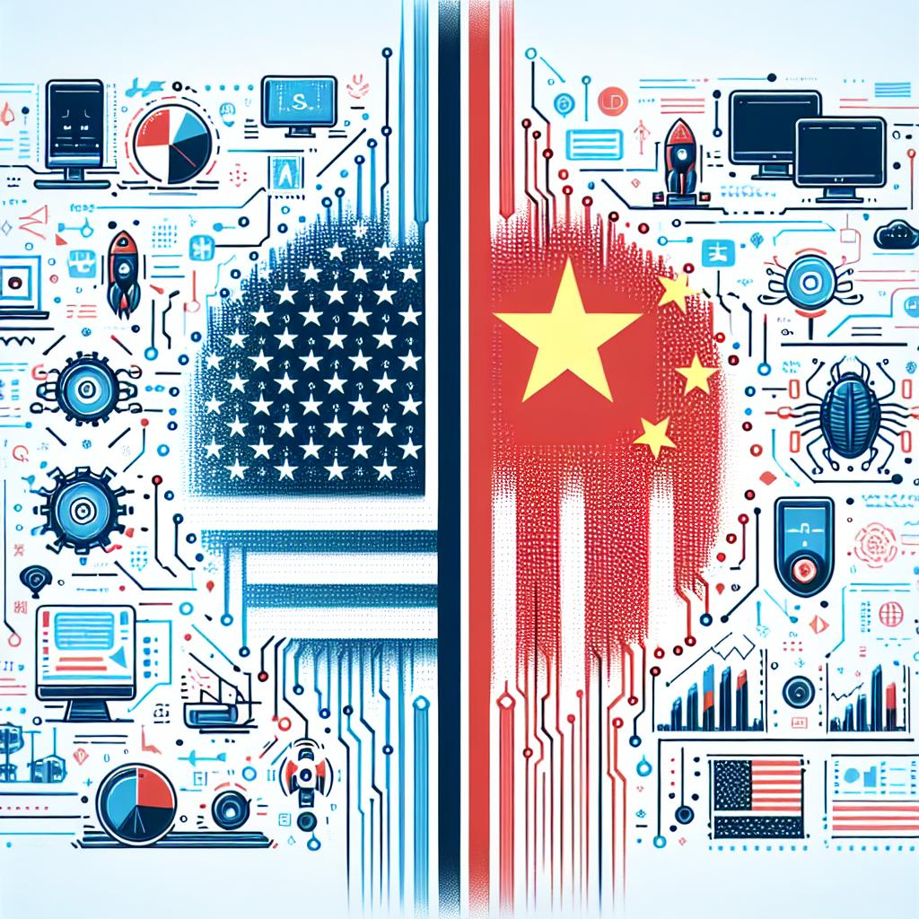 Create a corporate-style, flat, vector image that showcases the technological competition between the United States and China. The image perspective should be 2D and linear on a white, textureless background. Depict iconic symbols representing advancements in AI and other tech sectors. Include images of U.S. and Chinese flag to represent American technology leadership and Chinese growth and innovation respectively. Use electronic circuits to symbolize technology and AI. Include comparison charts to illustrate the competition between the nations.