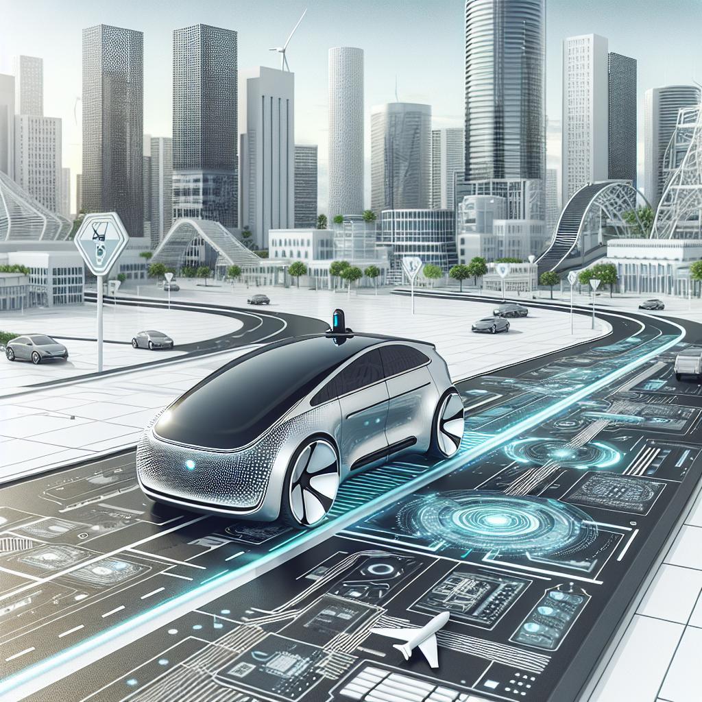 Imagine a scene depicting the future of autonomous transportation. A futuristically designed self-driving vehicle is cruising on a state-of-the-art road, presenting an impressive picture of technological advancement. This autonomous vehicle symbolizes cutting-edge innovation in transportation. The road, exhibiting modern designs, represents the future of mobility systems. In the backdrop, urban structures reinforce the role of technology in everyday life, with towering buildings, sleek skyscrapers, and dynamic city life. Visible on and around the vehicle, control panels and various sensor systems reflect the complexity and efficiency of the technology involved. The image has a 2D flat perspective, with a white, texture-less background, all leaning towards a corporate vector style.