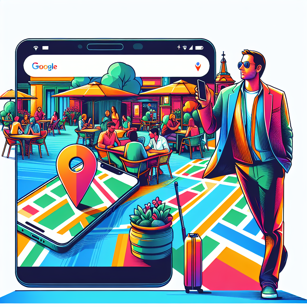 Create a 2D, linear perspective, vibrant illustration in a corporate, flat vector style. The image should show a Caucasian male traveler exploring a tourist spot using his smartphone, which displays the Google Maps interface. In the background, showcase a café with outdoor tables containing people of diverse descents and genders interacting, symbolizing the local culture and social interaction. Emphasize on the importance of navigation during trips by featuring the map prominently. Use vibrant colors to convey the joy and energy of holidays. The background of the image should be white and textureless.