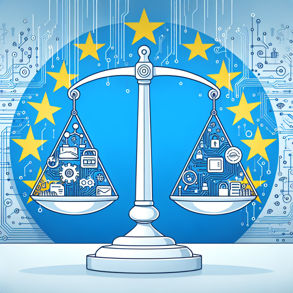 Create a 2D vector image in a corporate, flat style, with a linear perspective and a white, untextured background. At the center, draw a balance scale symbolizing the tension between data protection and technological advancement. For one side of the scale, depict icons related to technology and innovation, such as circuits, signifying artificial intelligence innovation. On the other side, show aspects connected to data protection. The overall image should include elements of blue and yellow, the colors of the European Union's flag. In the background, place the flag of the European Union subtly intertwined with digital data, representing the context of the regulations and the information era.