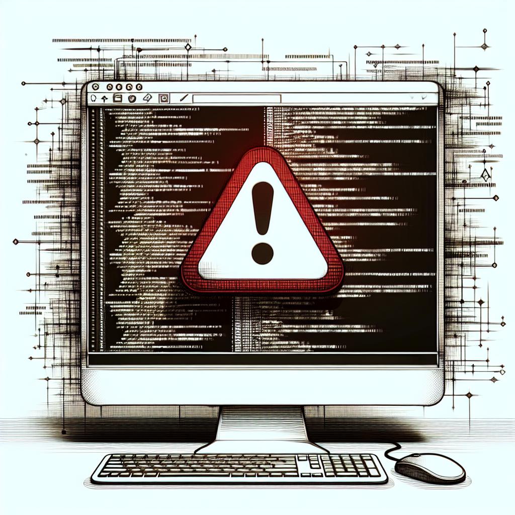 Imagine a 2D, vector style image with a corporate, flat design. The background is textureless and stark white. In this image, a computer represents the platform where application errors occur. Displayed on the computer screen are lines of code, illustrating software development's complexity. Over these lines of code, there's a conspicuous alert icon, symbolizing problems that need to be resolved and causing a jarring disruption to the otherwise neat and orderly scene. This image is to represent an application error identified on the client-side impacting user experience on multiple websites.