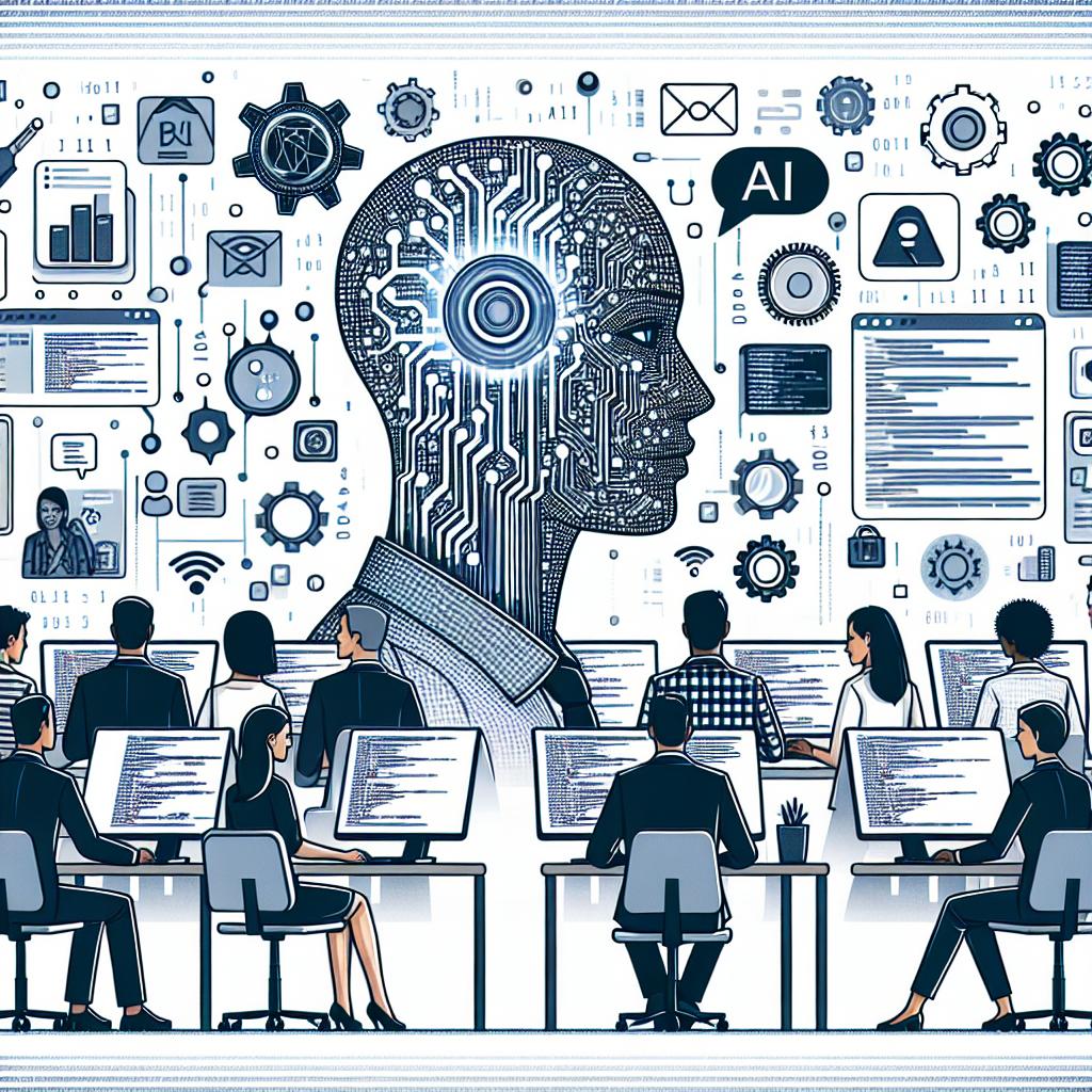 Create an image in a 2D, linear perspective with a flat, corporate vector style that represents a modern working environment. The background should be white and textureless. The foreground features a diverse group of software developers, both male and female of various descents such as Caucasian, Middle Eastern, African, and East Asian. They are working collaboratively with artificial intelligence, shown through the screen displays brimming with lines of code. Integrate symbols or icons of AI in the setting, such as gears, chips, or network diagrams, to highlight the presence of artificial intelligence in this environment. This image symbolizes technological innovation, particularly GitHub's new AI-driven functionality in software development.