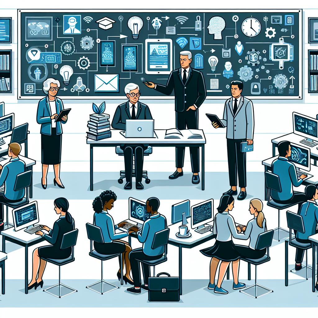 Illustrate a corporate-style, vector-art scene set within a 2D, linear perspective view. Display a modern classroom with individuals of different ages and ethnicities. In particular, include a Caucasian elderly woman, a young Black male, a middle-aged South Asian individual, and a Hispanic youth interacting with computers and tablets as they learn about Artificial Intelligence and other skills. Additionally, have a blackboard to symbolize the educational environment, loads of books and educational materials to symbolize traditional knowledge, and various professional icons to represent the diverse, in-demand areas of study. The background should be flat, white, and without texture.