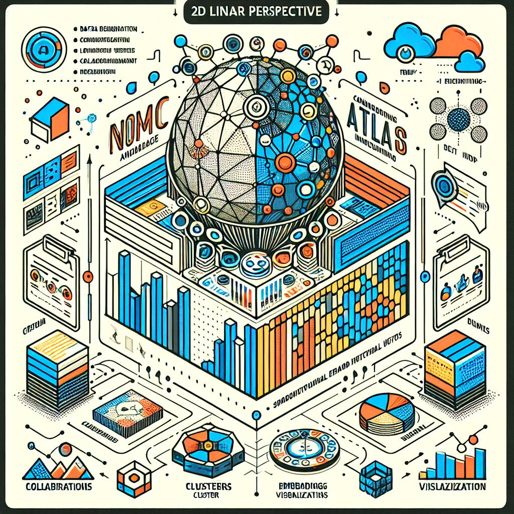 Design a 2D Linear perspective image with a white and textureless background. The dominant style is vectorial, flat, and corporate. The focal point of the illustration is a graphical representation of Nomic Atlas, integrating various data sources. Highlight clusters and embeddings visualizations. The interface elements comprised are friendly and include graphic elements symbolizing collaboration and data analysis. Additional elements consist of data clusters representing semantic organization of information, collaboration icons symbolizing teamwork within the platform, visualization charts illustrating available analytical tools. To emphasize innovation and technology, incorporate vibrant colors into the design.