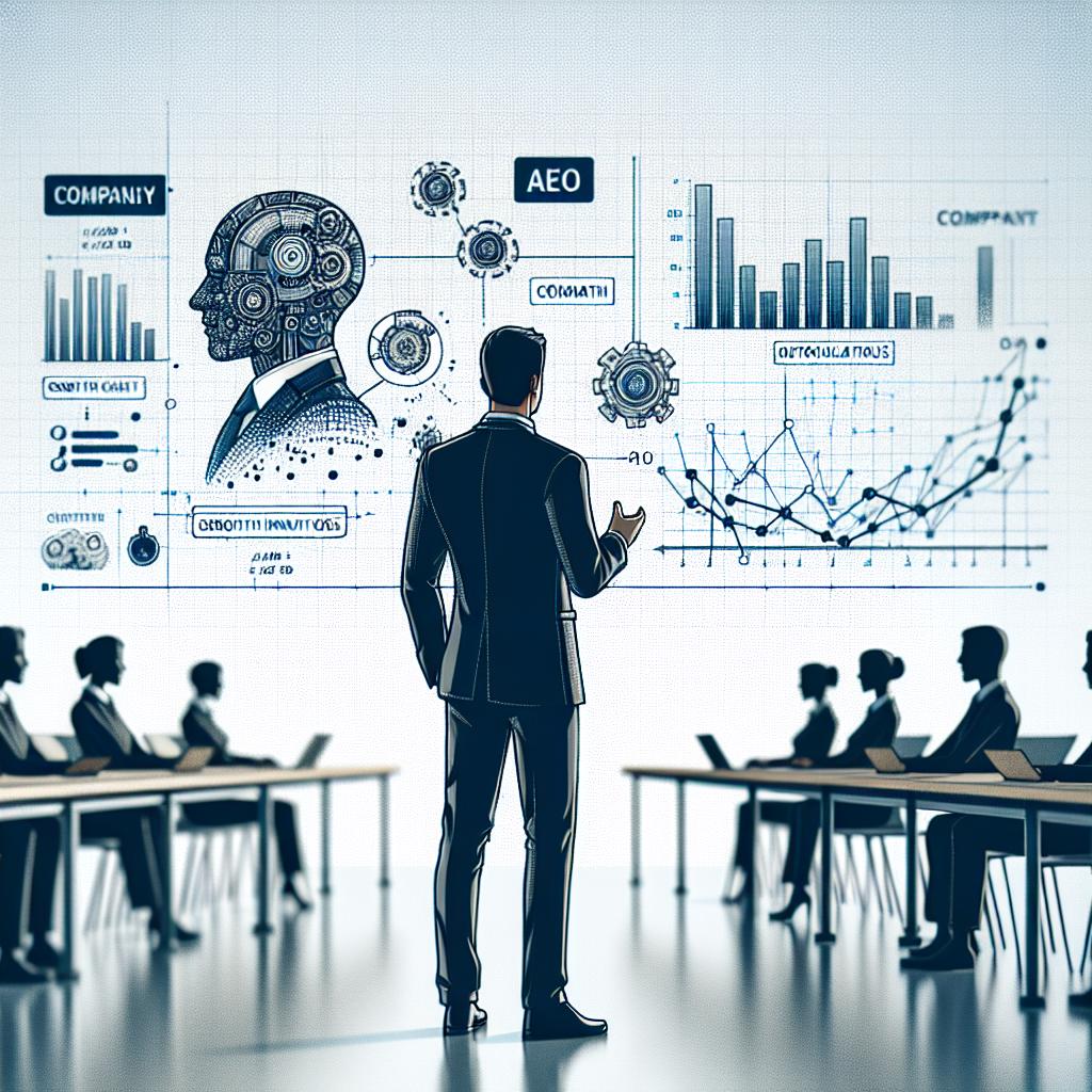 Create a 2D, vector-style image in corporate Flat design. The scene is set against a white and textureless backdrop. The CEO figure without any specific features is involved in a conference, discussing technological innovations and artificial intelligence. To illustrate the focus on digital strategies, include projections of growth charts and company data in the background. The CEO should appear to be presenting facts about AI. Include a generic company logo to symbolize corporate identity, thus reflecting the professional atmosphere, without replicating any specific, real-world logos.