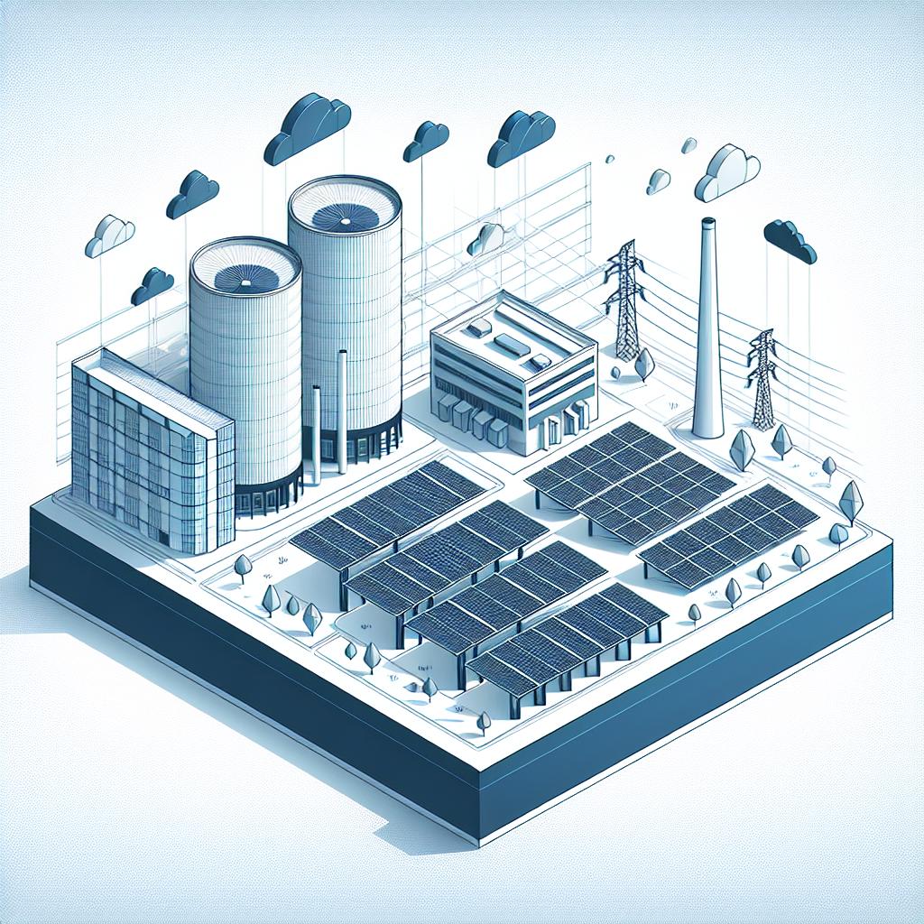An image characterized by a linear 2D perspective, in a modern, corporate, and flat vector style set against a backdrop of a white, texture-less background. The scene portrays a clean energy power plant, symbolizing the generation of clean energy, which could be an arrangement of stylishly flat and modern solar panels joined together. Situated next to it is a modern data center representing the indispensable technological infrastructure designed to cope with the increasing demand. Above these two structures is a clean and blue sky, symbolizing the sustainable future the partnership aspires to realize.