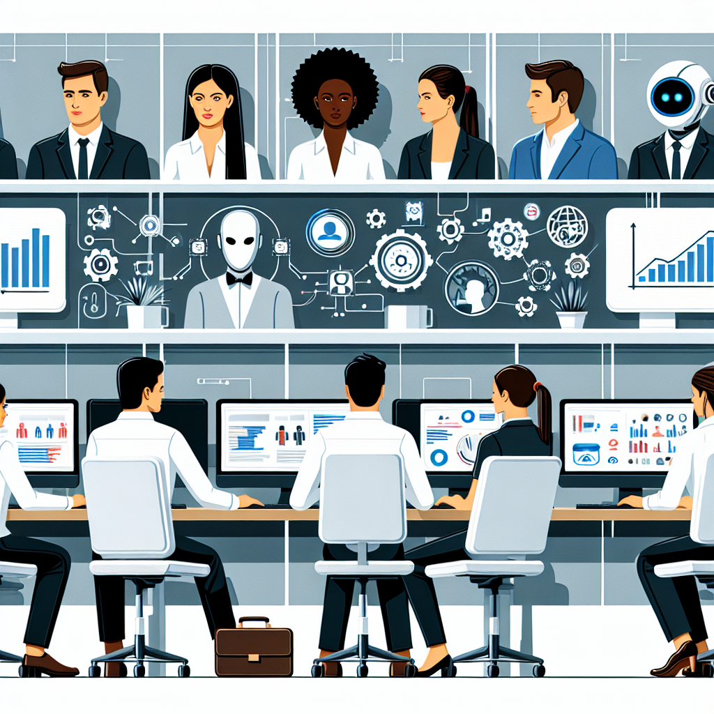 In a modern office environment, several 2D vector-styled business professionals of varying genders and descents are sitting with their computers utilizing diverse generative AI tools. The people are diverse including Caucasian, Hispanic, Black, Middle-Eastern, South Asian professionals both male and female. On the computers, elements like productivity graphs illustrating increased efficiency and automation icons representing task automation are visible. One of the computer screens displays an interactive virtual assistant symbolizing the presence of AI in the workplace. This unfolds against a backdrop of a white, texture less background framing the scene in a corporate ambiance.