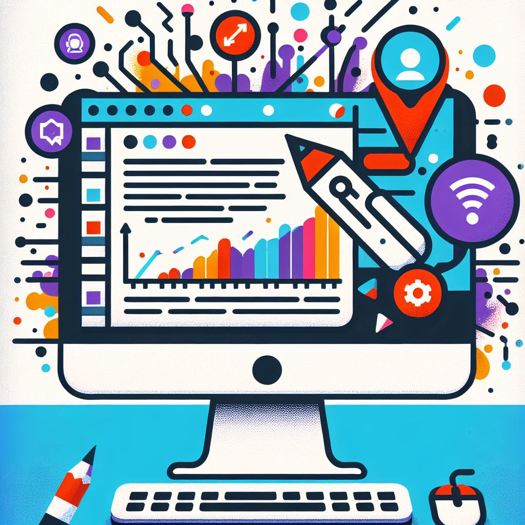 A detailed 2D, flat and corporate style vector image with a white, texture-free background. It depicts a computer screen showing a text editor and a podcast graph in the background, representing the simplicity and accessibility of podcast creation. The screen and graph of the computer should be stylistically crafted to symbolize the easy use of this innovative tool. Vibrant colour palette is used to attract young audiences. In addition, sharing icons, representing the possibilities of monetization and distribution, are also strategically placed.