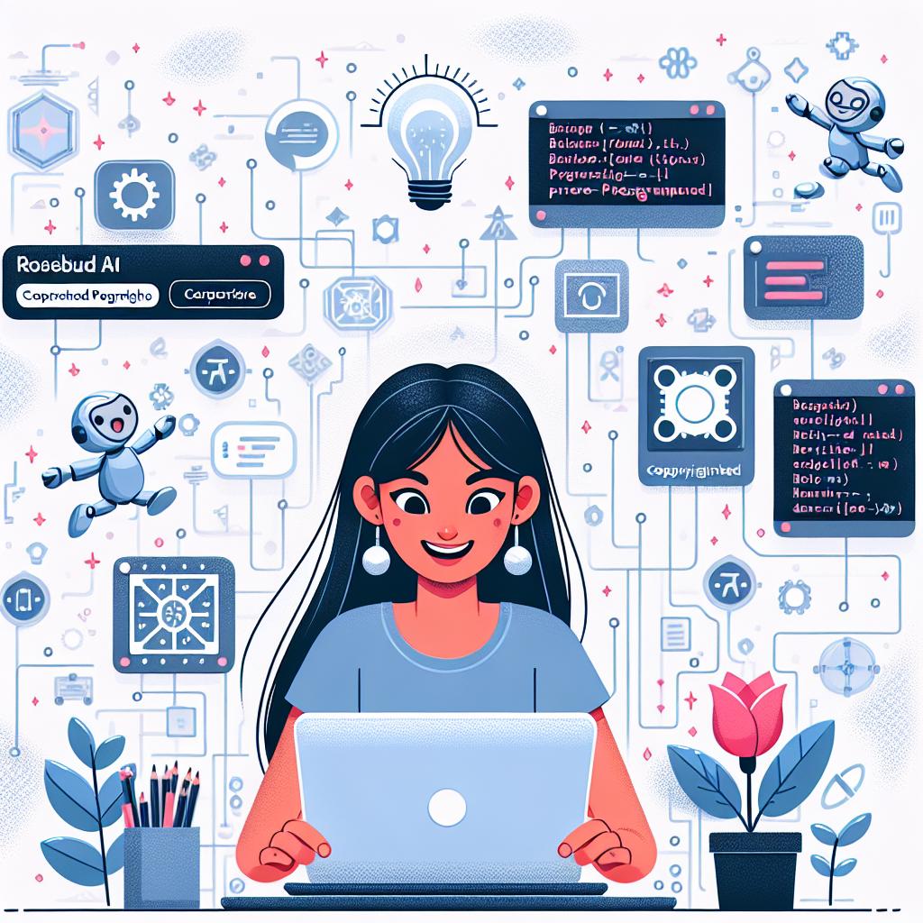 Create a 2D, vector-style image in flat, corporate style with a white, texture-less background. We're envisioning an upbeat South Asian woman interacting with the Rosebud AI platform, developing a game, and looking at her creation in real time. Scattered around her should be floating lines of code emphasizing the barrier-free programming. Include illustrations of popular non-copyrighted game elements to cater to a younger audience. The backdrop should incorporate technology and programming elements, perhaps in a pattern or as abstract shapes. The image should project simplicity, accessibility, and the joy of creating projects with artificial intelligence.