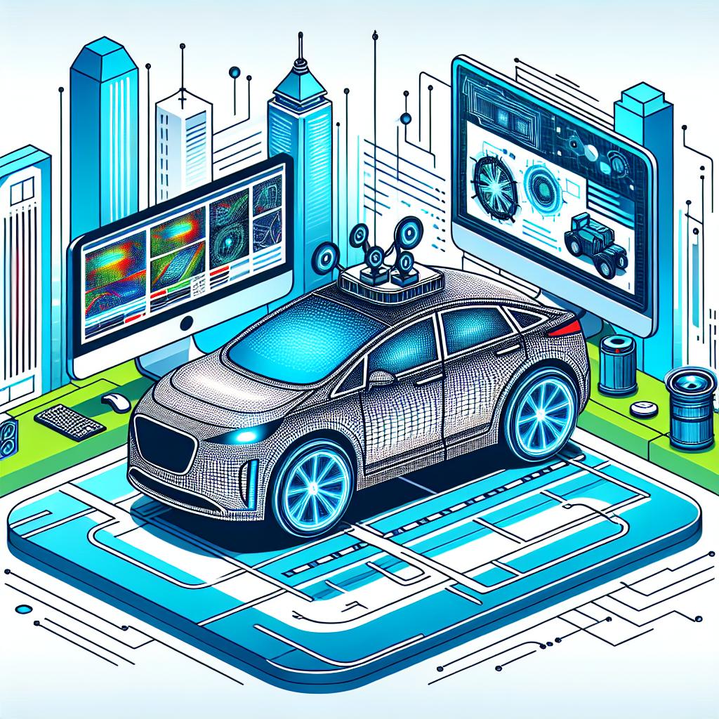Create a vector-like, corporate, 2D linear styled image set against a plain white background. The centerpiece should be an autonomous car, decked with visible sensors, placed within an urban cityscape to depict the complexity of the environment where such cars operate. The car signifies the practical application of cutting-edge technology. Beside the car, include a computer screen showcasing visual representations of AI-generated videos, thus demonstrating the monitoring and interfacing of video generation. Use bright, futuristic colors to convey a sense of innovation and progress.