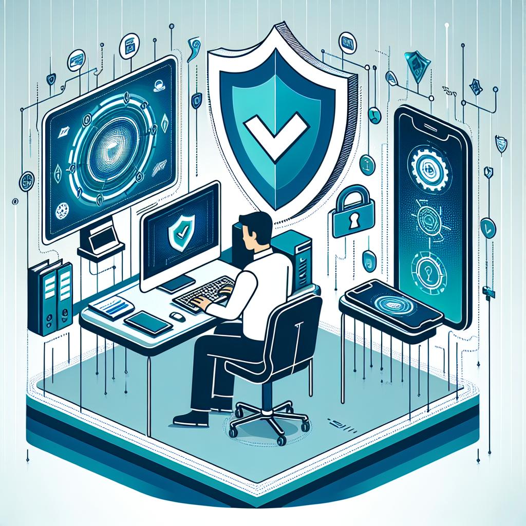 Depict a 2D, flat, and linear corporate-style image on a white, textureless background. The center of the scene should have a Caucasian person sitting at a desk using their computer and mobile device. A digital shield that represents protection against scams is integrated into their devices, symbolizing the innovative Artificial Intelligence tool offered by a non-specified tech company. The shield, computer, and mobile device are depicted in a blue and green color palette to convey security and trust. Additional elements to include are cutting-edge technology themes in the backdrop, representing innovation, without overcomplicating the scene.