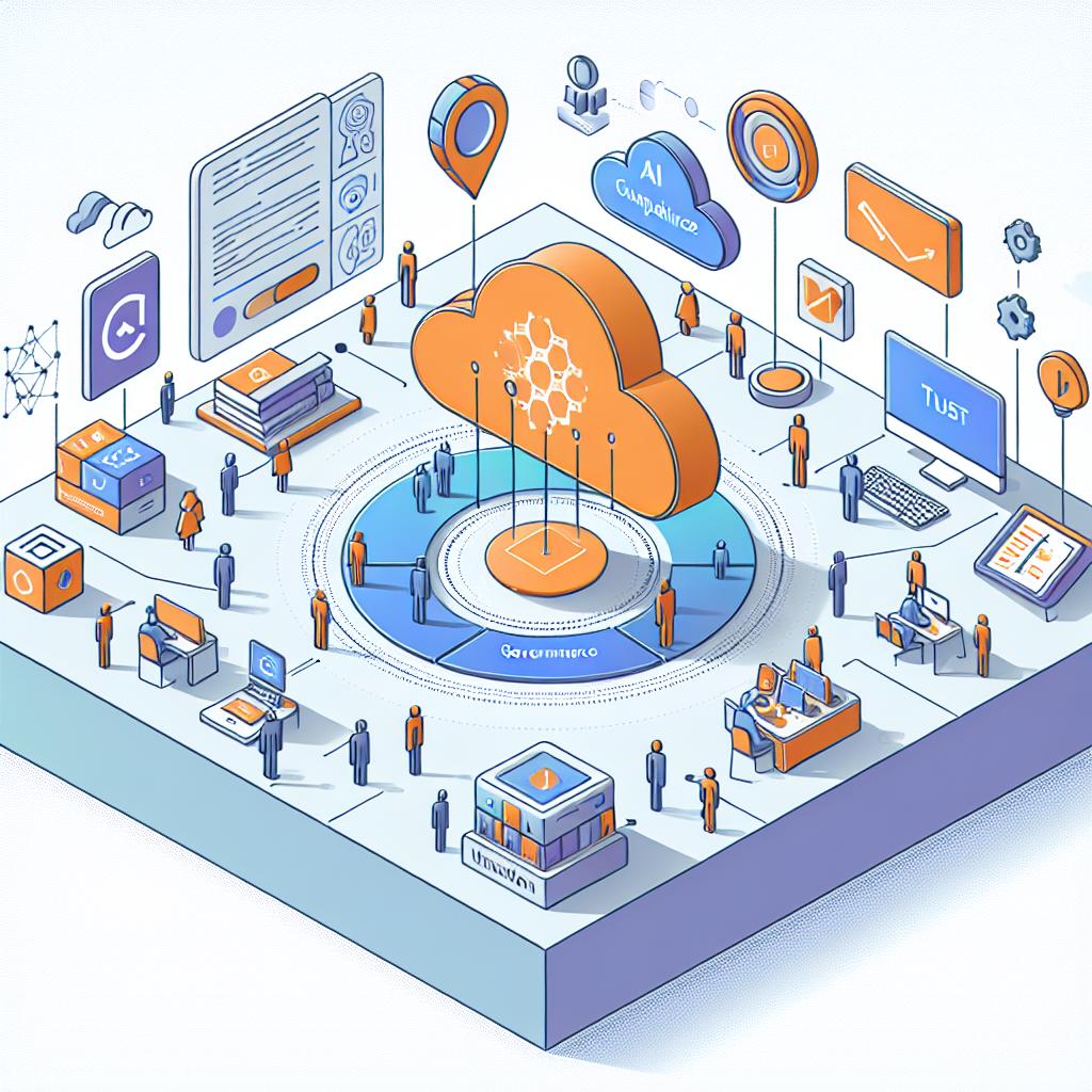 Create a flat, corporate-style vector illustration with a 2D linear perspective on a white untextured background. The scene is a digital environment as it relates to AI governance, centered on the Credo AI's Integrations Hub platform. This new platform allows integration of various AI tools, such as those symbolically represented by an orange cloud shape for Amazon SageMaker and a purple square for Microsoft Dynamics 365. Add graphics and icons that symbolize compliance and data analysis, and use blue and green tones to express trust and innovation. A date, 'October 3, 2024,' should be incorporated, symbolizing the official launch date of the platform.