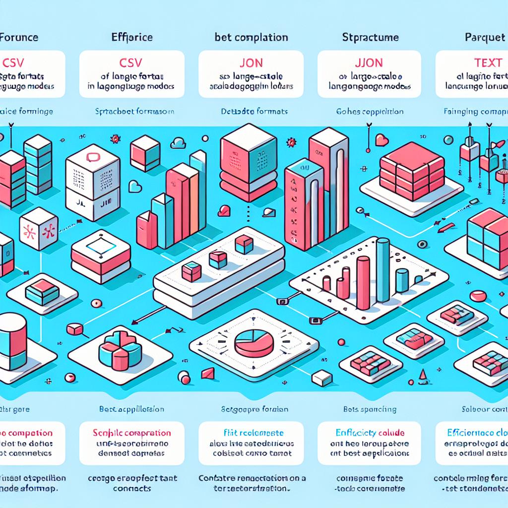 Create a 2D, linear perspective image with a untextured white background. In this flat, corporate and vector-style image, showcase a comprehensive view of the main dataset formats utilized in the training of Large-Scale Language Models (LLMs). Graphic representation should show the dataset formats such as CSV, JSON, Parquet and text, each represented by easy-to-identify icons. Include efficiency comparison graphs to highlight the importance of choosing the right format. Utilize soft colors to facilitate reading and keep the concentration on the content. Connect formats to their best applications through arrows, thereby creating a visually clear connection. This is for a guide published by tegridydev in February 2025, articulating the importance of clean and structured data for the success of these models.