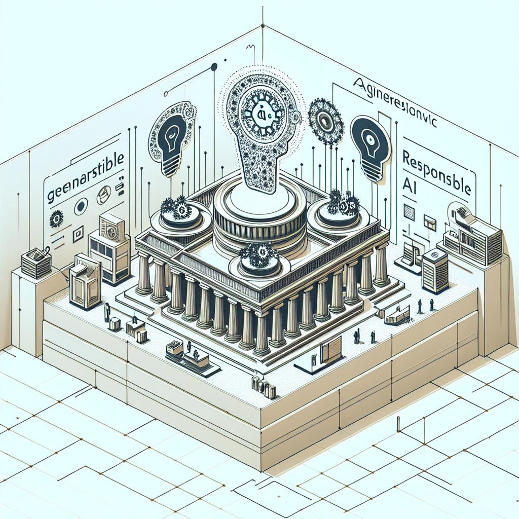 An image in a 2D, linear perspective showing the launch of generative AI services in a corporate setting. Highlight Dataiku's logo, a recognisable symbol associated with the brand, while remaining focused on responsible AI application. The backdrop should be in white, without texture, and filled with technological elements symbolising AI and innovation. In the centre, include a diagram illustrating the three pillars of the LLM Guard Services. The overall style should be flat and corporate.