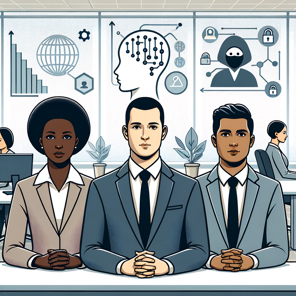 Imagine a 2D, flat, corporate-style vector image with a simple, untextured white background. In the foreground are diverse IT professionals; think of a Black woman, a Hispanic man, and a Middle-Eastern individual, all in an office environment, representing the IT specialists concerned about AI regulation. In the background, we see data charts symbolising the importance of data quality, and symbolic icons of security and privacy, conveying apprehension towards these issues. The office setting is modern, exemplifying the environment these IT professionals work in.