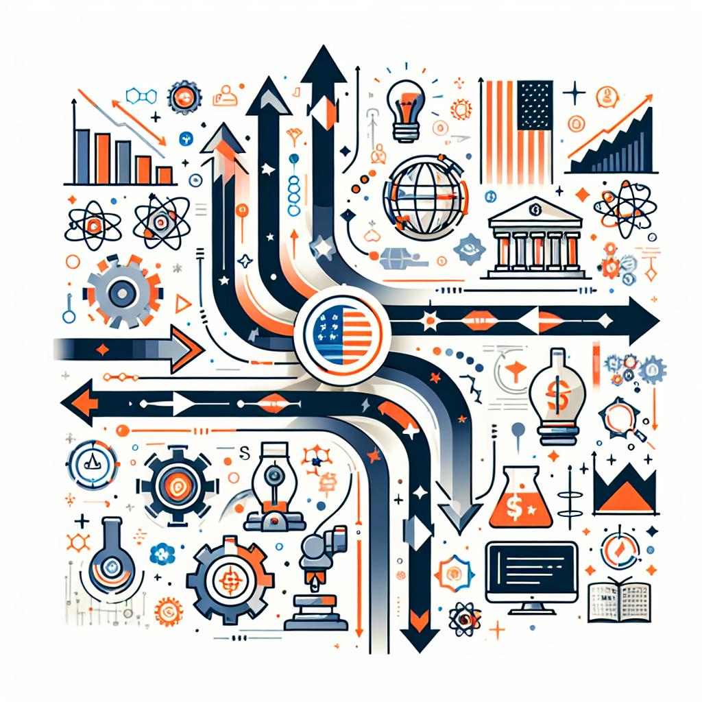 Title: The Future of Science and Technology Policies under a New Administration
Image: As the surprise victory of a significant political figure in the 2024 elections unfolds, attention turns to the possible changes in science and technology policies that may occur under this new administration, with important implications for the industry and innovation in the United States.
A Diagnostic Vector Art: Showing the intersection of politics, science, and technology, with representative icons for each area and arrows indicating dynamic changes. The style is flat and corporate, with a clean, white, textureless background.
Perspective: 2D, Linear with additional elements like science icons symbolizing technological innovations, political icons representing new guidelines and regulations, arrows denoting changes and flow between the areas, and warm colors to symbolize the urgency and dynamism of the current political landscape.