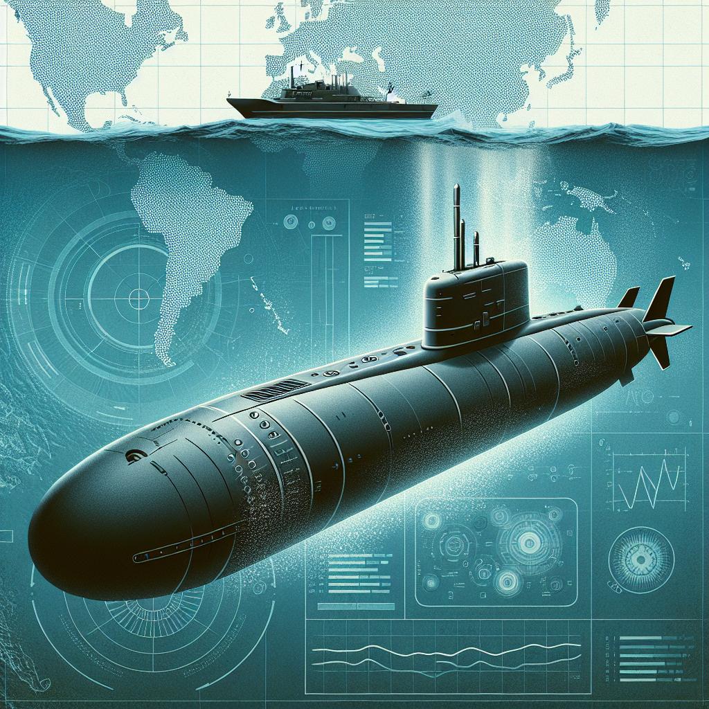 The image portrays the evolution of underwater warfare in a 2D, flat, vector style over a non-textured white background. The heart of the image features a modern nuclear submarine on the move beneath the sea surface, representing the stealth and complexity of modern warfare. Around it, both underneath and above, the crystal clear sea makes it stand out. Included in the background, there is a map of the Indo-Pacific region, emphasizing the critical geopolitical location. All these components come together to symbolize the sneaky nature of operations and the rapid advancement in technology in the field of submarine warfare.
