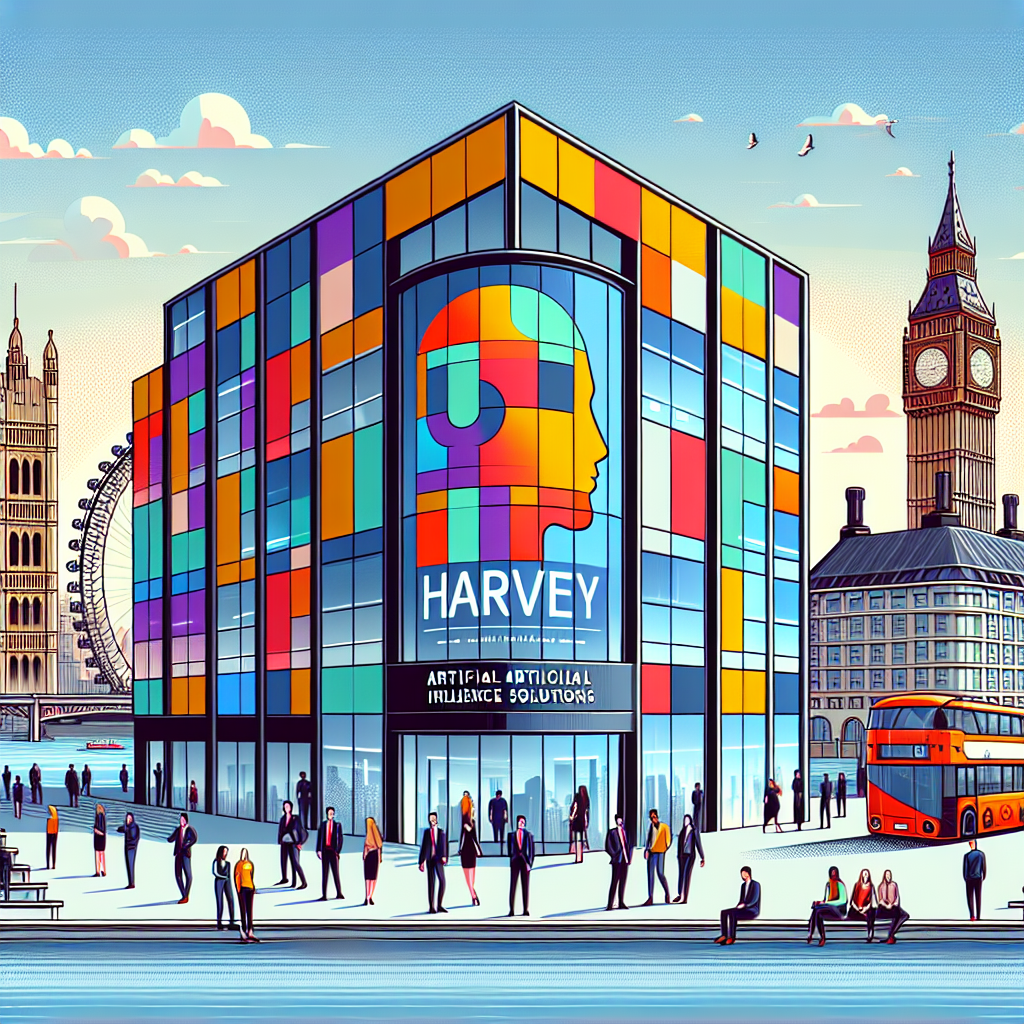 Envision a modern facade of Harvey artificial intelligence solutions' new office in London, where the company's vibrant logo is prominently displayed, reinforcing the company’s identity. Set against the famous London skyline, including architectural landmarks such as Big Ben and the London Eye, signifying its connection to the city. The art style should be a flat, corporate vector. The background is a plain white, and textureless. The perspective is 2D and Linear. Showcase individuals of various descents and genders interacting to illustrate the team's collaborative environment. Include elements of technology such as computers and graphics indicative of the company's industry. The color scheme should be packed with bright hues to convey innovation and dynamism.