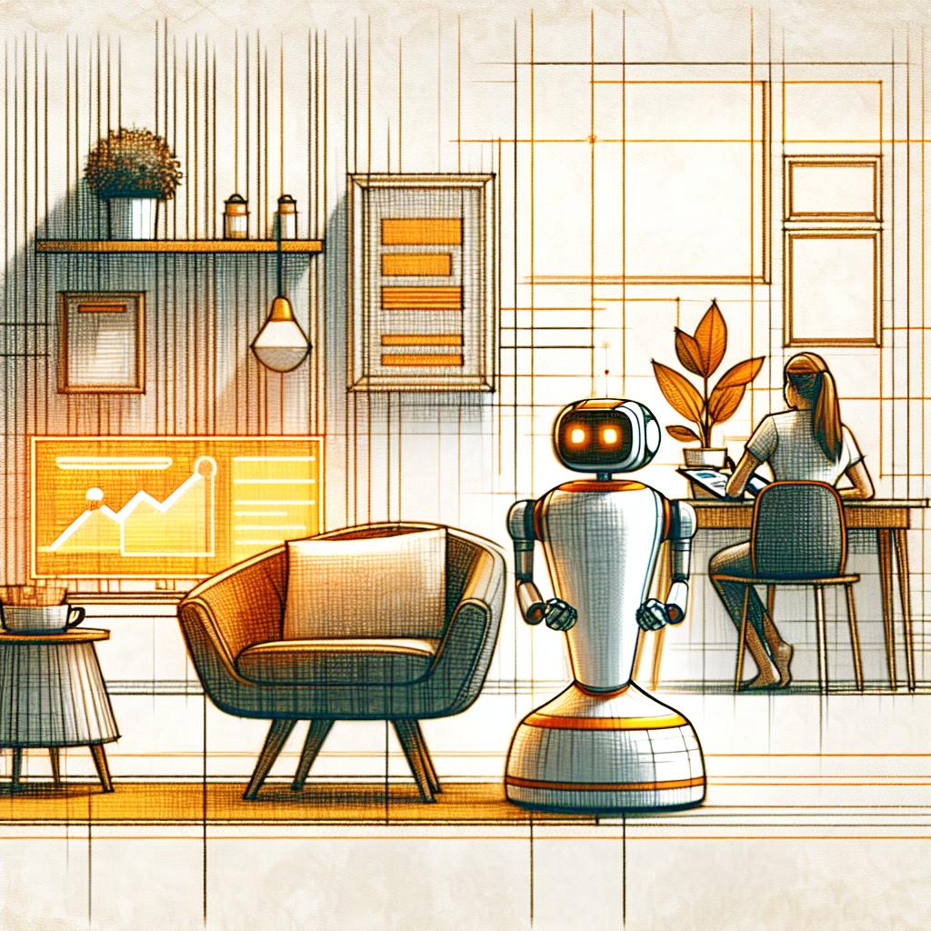 Draw a 2D, linear perspective, Flat, Corporate style image on a white, texture-less background. The focus is a modern household scene with warm colors implying comfort and innovation. Depict a sophisticated robot in the foreground, exemplifying advanced technology, serving an at-home user that represents the everyday public. In the background, include an additional element of a remote worker on a digital screen, symbolizing the emergent remote workforce. Be sure to maintain the sense of domestic day-to-day activities being simplified by means of advanced robotics.