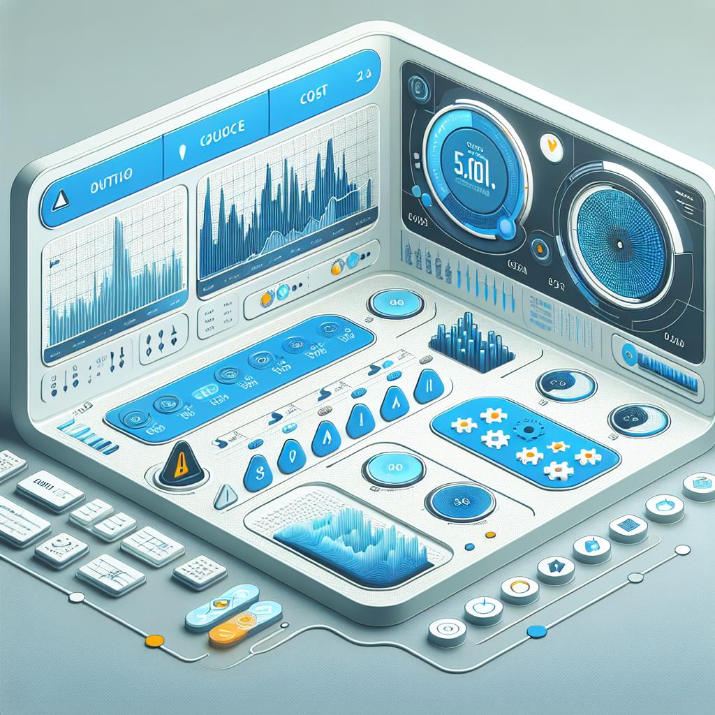 Illustrate a 2D, vector style image that captures the essence of cost optimization using the Databricks data and AI solutions platform. In the image, a modern, flat and corporate style visual control panel filled with graphs and performance indicators are situated on a smooth, white background. The graphs should represent data and cost analysis, while the control panel symbolizes effective management. Use cool colors for a sense of calmness and control. Also, incorporate warning symbols to underscore the importance of monitoring costs.