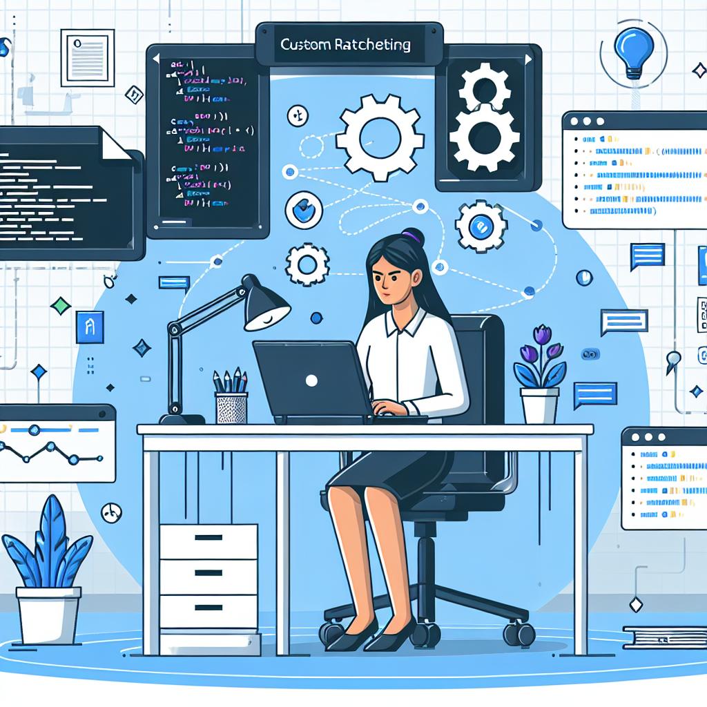 Create a flat style, corporative, and vectorial illustration showing a South Asian female developer sitting in a modern office, working on a laptop. Floating around her are visual representations of ESLint's custom 'ratcheting' rules, symbolizing the modernization of a codebase. On one side, depict charts showing the reduction of errors, signifying the system's efficiency. On the other side, illustrate codes in the background, symbolizing the development environment. Throughout the scene, integrate icons of development tools to reinforce the technological theme. The image should be primarily in 2D linear perspective, with a white and textureless background.