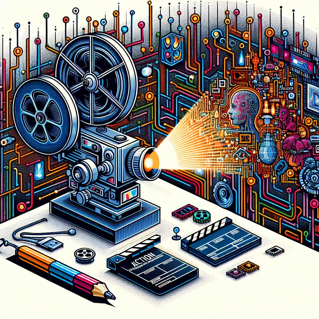 Create a 2D vector-style image, in a linear perspective, on a white, textureless background. The image is a representation of the fusion between technology and cinema. Main elements include a film projector symbolizing the film industry, and electronic circuits in the background symbolizing the influence of technology. Also, integrate vibrant scenes from movies signifying the productions affected by AI. Use a vibrant color palette to attract attention and reflect the creativity of the cinema. Incorporate text about AI to highlight the theme of the portrayal.