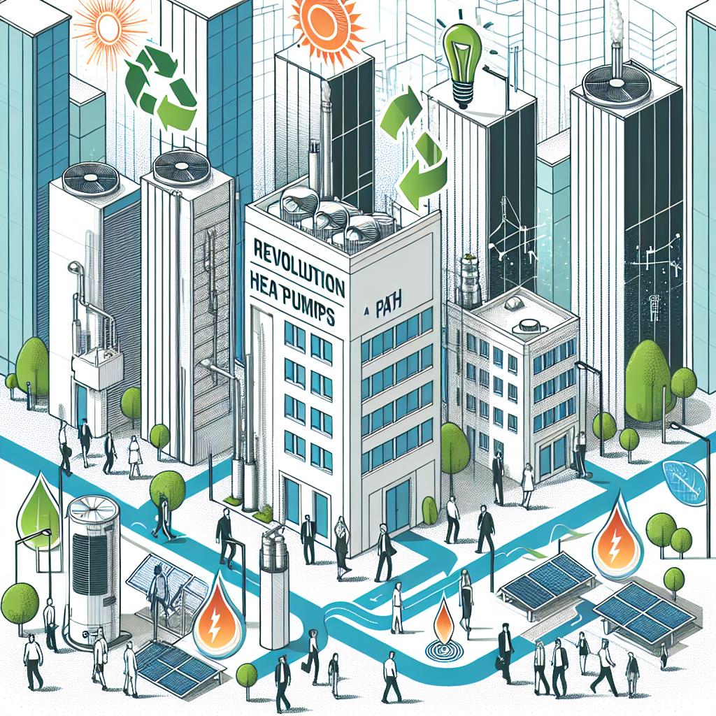 Create a 2D, linear perspective image depicting the revolution of heat pumps as a path to sustainability. The image should have an urban setting with an array of modern buildings in the background, reflecting the adoption of new green technologies. Highlight symbols of renewable energy around the area, showcasing the connection of heat pumps with alternative energy sources. Include people of different descents and genders interacting with the heat pumps, demonstrating societal acceptance of the technology. The image should be in a corporate, vector, and flat style with a simple, white, textureless background.