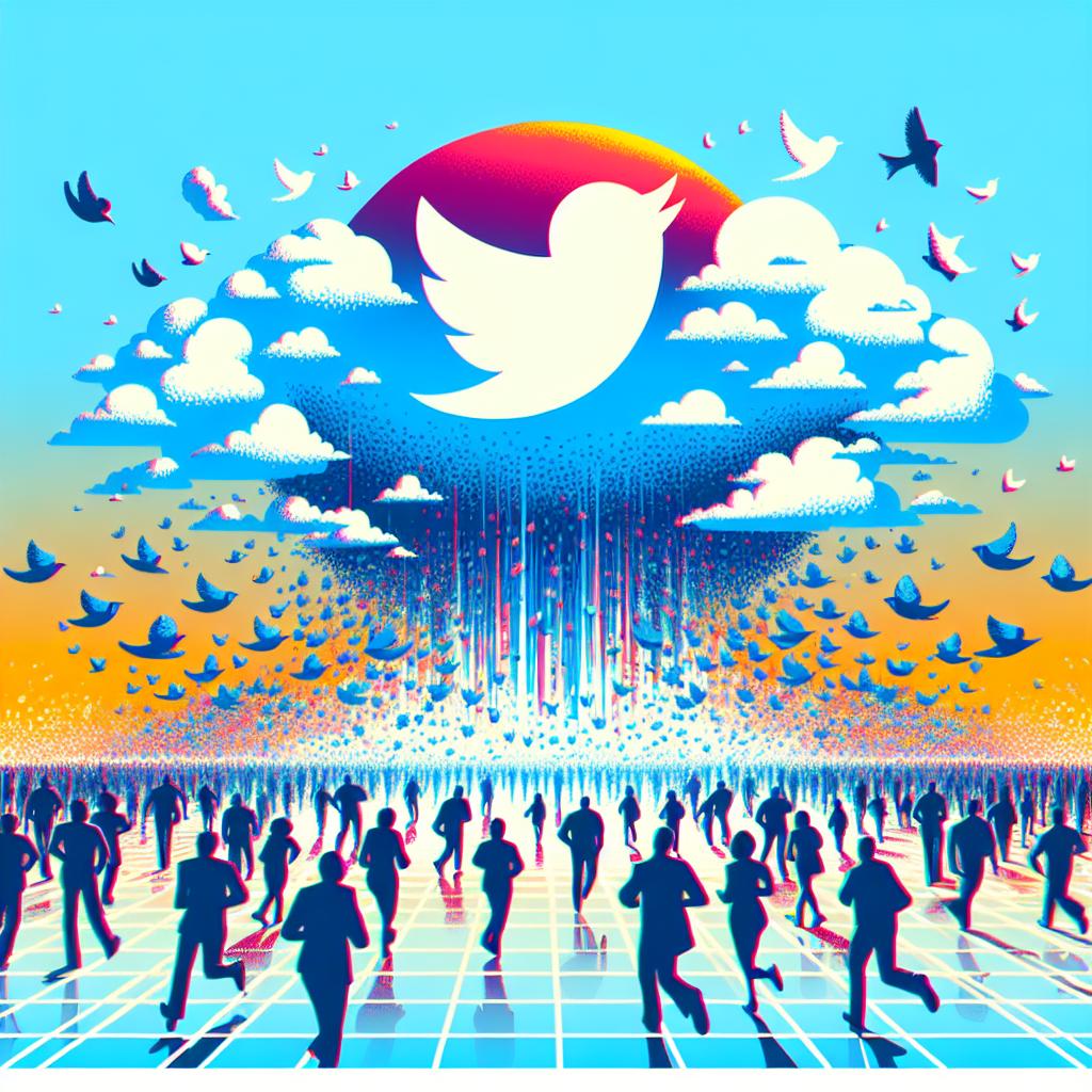 Create a 2D illustration in a vectorized, flat, corporate style with a white and textureless background. The primary scene in the image should depict the metaphorical downfall of the Twitter logo, symbolizing its decreasing relevance. We see users moving away from it in the form of silhoettes, symbolizing a mass migration. In the distance, platforms like Bluesky and Mastodon arise, represented with vibrant colors to symbolize new opportunities, innovation, and hope. The perspective should be linear and all elements should be clearly visible. Make sure to instill a sense of freedom, transitioning, and safety within the illustration.