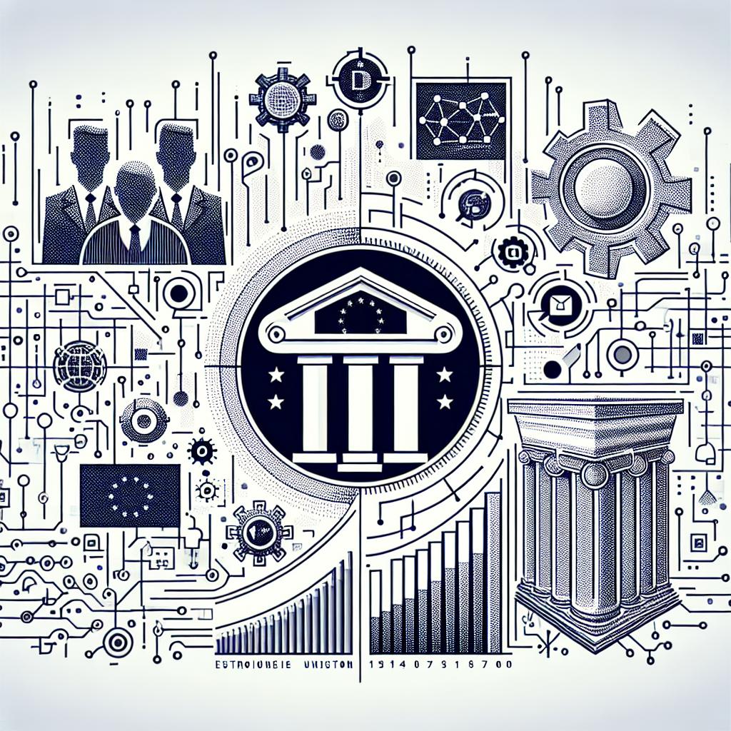 Imagine a corporate-style vector image in a flat design and 2D linear perspective on a white, untextured background. In the center, there are generic, unbranded symbols representing four important tech companies. For historical context, consider featuring a stylized representation of the European Union actively overseeing these entities, stressing the balance between innovation and regulation. The technology-focused environment can be conveyed visually through binary code or circuit lines integrated subtly into the design. Finally, prominence can be given to a growing bar graph or line chart, symbolizing the progress and importance of artificial intelligence.