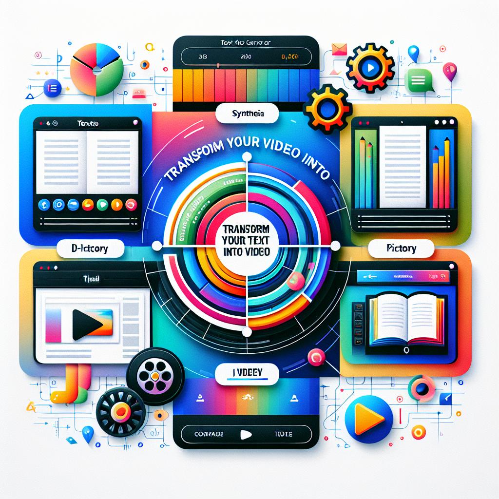 A corporate, 2D vector-styled, image showing the interfaces of five text-to-video converter software tools: Synthesia, D-ID, Pictory, InVideo, and Video Maker by Designs.ai. These should be arranged on a white, textureless background to showcase clarity. Incorporate the vibrant color palette to make them stand out. Add additional design elements such as the text 'Transform your Text into Video' which is informative and eye-catching; icons of a video reel and a page to symbolize the conversion of text to video; and a digital-themed, abstract background to signify the theme of technology and innovation.