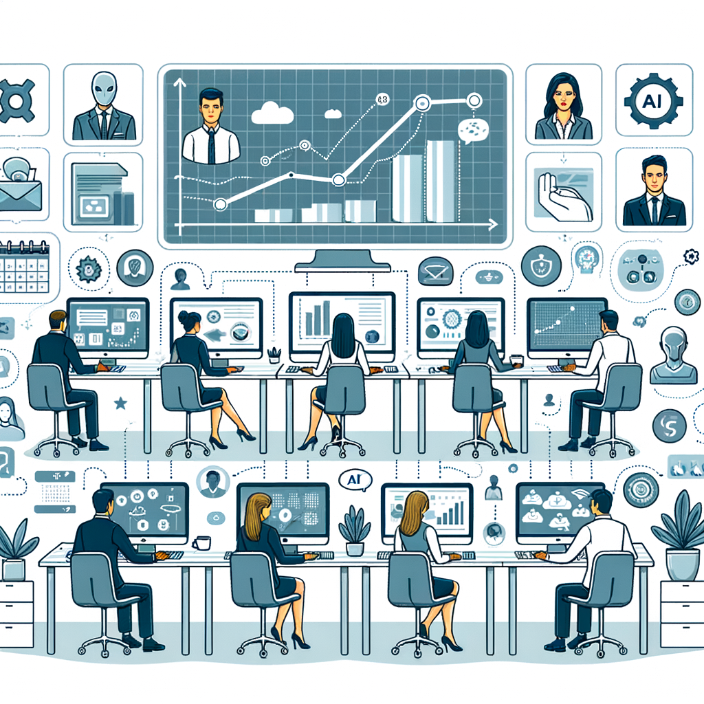 Illustration in corporate, vector and flat style, showing a modern office environment where there's a sales team using artificial intelligence (AI) tools. This scene should be in 2D with linear perspective and a plain white, non-textured background. The team should be diverse in descent and gender. Elements to include are computers displaying data graphs, representing data analysis and sales predictions, AI icons to symbolize the integration of artificial intelligence into sales processes, representation of satisfied customers to indicate personalization and customer satisfaction, automated calendars to show administrative task automation, and growth charts, reflecting an increase in conversion rates.
