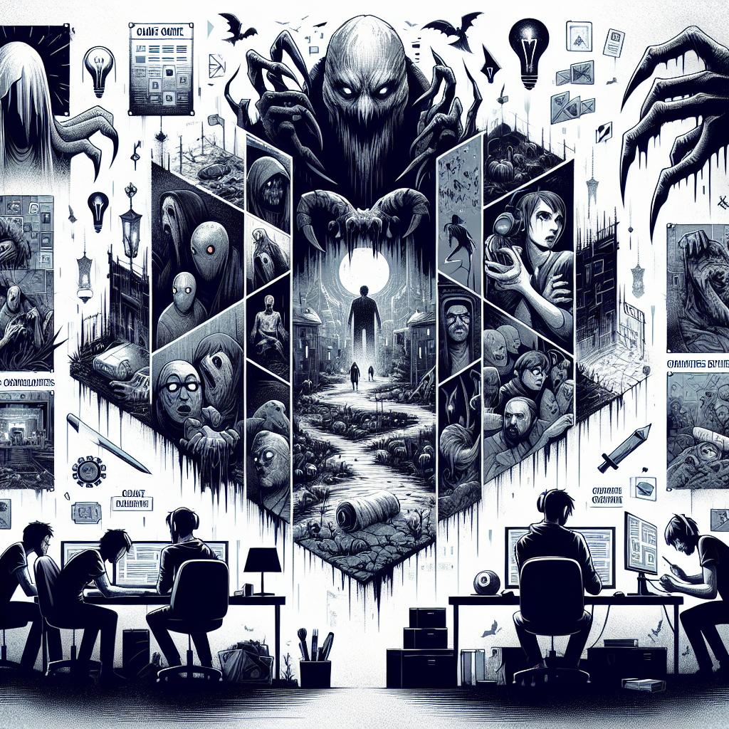 Create an artistic composition in the strategy of a 2D, linear, flat and corporate style. This image showcases several scenes from horror games on a white and textureless background. Heavily evident are elements such as monsters and gloomy environments; symbolic representations of the horror elements in the game. Also, illustrate developers of various descents and genders engrossed in their work, reflecting the creative development process. To emphasize the stress and fear atmosphere, imbue dark and gloomy colors in the image elements. The aim is to promote a Horror Game challenge set to be held until January 14, 2025. The event details included in the image indicate it is organized by a game company, with prizes totaling $1,000, and all creatives are invited to design horror games.