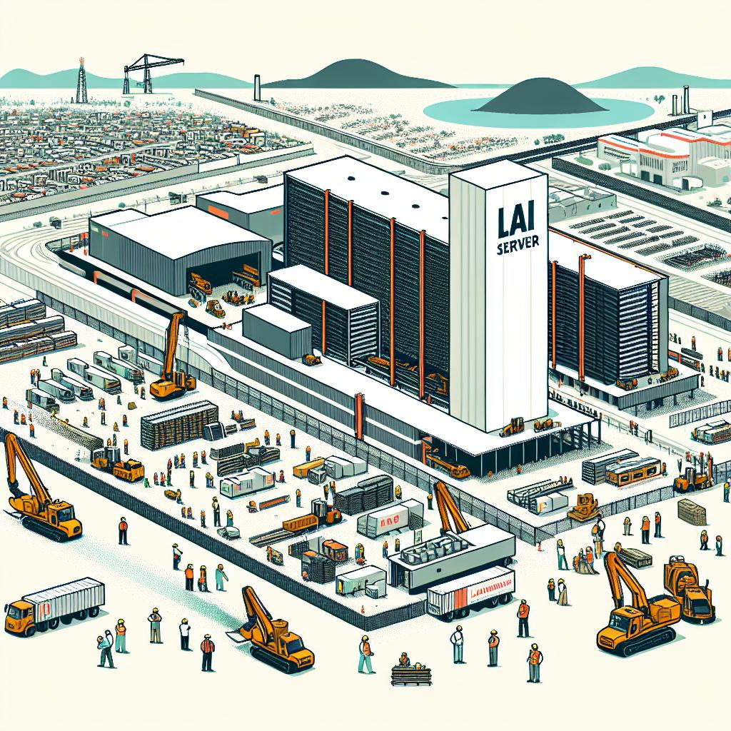Title: Mega Factory Construction in Jalisco.
Creation of a detailed vector-style, flat corporate themed 2D linear perspective image. The main focus is on the massive AI server factory in El Salto, Jalisco. On the construction site, local workers of all different descents are laboring with their construction machinery, symbolizing progress. The Jalisco urban landscape serves as the backdrop for the setting, denoting the area's geographical context. The image also includes non-descript industrial logos, demonstrating the involvement of various technology brands. The white, texture-less background represents the openness and potential of the project. Further, various other industrial projects under construction in the background imply growing interest in the area.