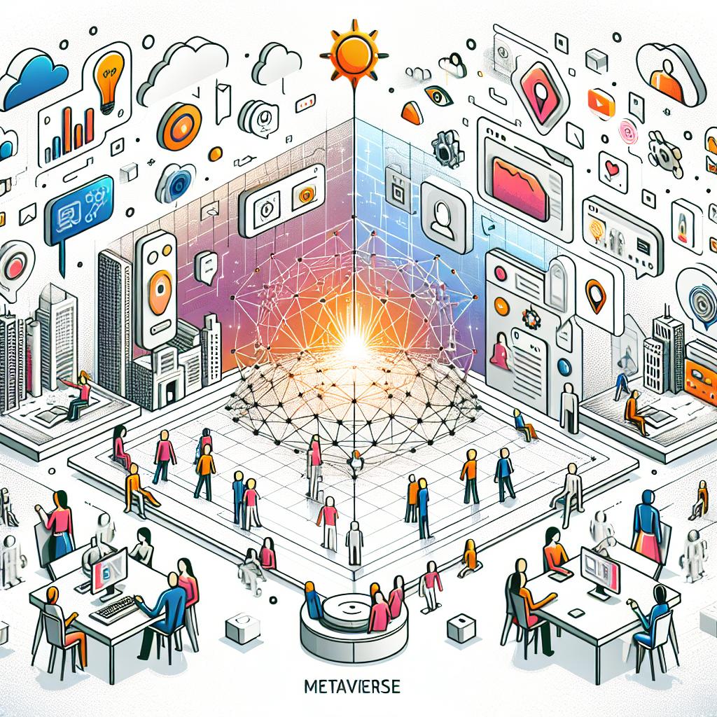 Imagine a visual representation of the NetVRk metaverse, a platform powered by AI and Web3, in a flat, corporate vector style. Set in a 2D, linear perspective with a white, texture-less background. In this vibrant and dynamic environment, users interact with AI characters, showcasing the rich and customizable interactions they can have. There should be varied environments to emphasize the diversity of experiences available. Furthermore, the design should include elements of a user-friendly interface, pointing to the ease of content creation.