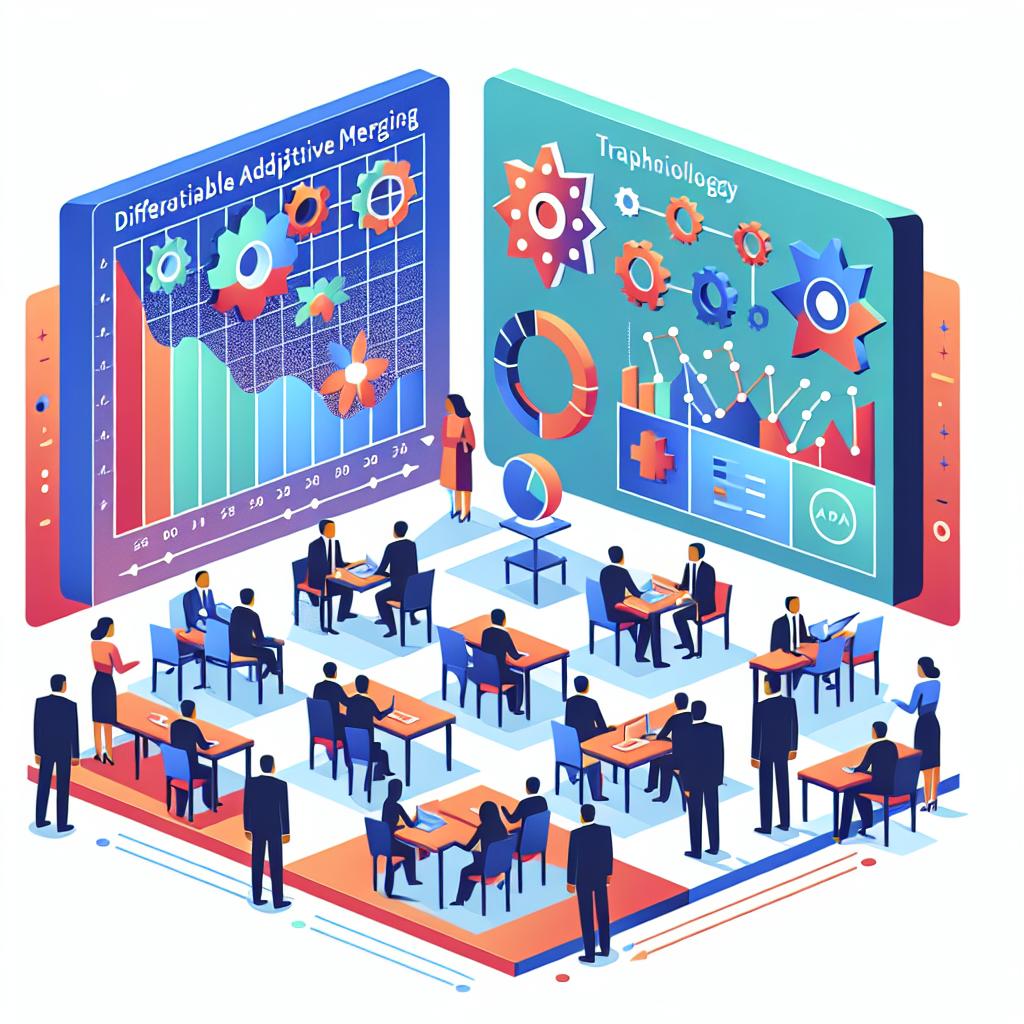 A flat, vector style, corporate illustration representing the concept of Differentiable Adaptive Merging (DAM) in a 2D, linear perspective, set against a white, untextured background. The illustration includes graphs showcasing the efficiency of DAM compared to traditional methods. Vibrant colors must be employed to capture the viewer's attention and AI icons should be included to represent the technology involved in the process. A corporate setting should be subtly suggested to indicate the practical application within businesses.