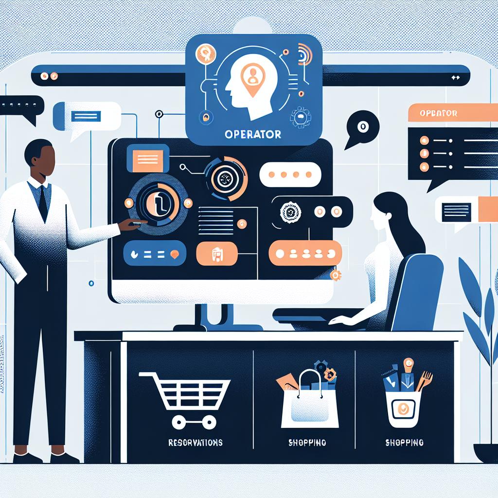 An image representing the newly launched 'Operator' tool by OpenAI being used in real-time. The image visualizes the Operator's capabilities of conducting automated tasks such as online bookings and shopping list curations, all interacting via a chat interface. The art style is vectorized, flat, and corporate in nature. The background of the image is white and textureless. The elements in the image include a South Asian man and a Black woman actively interacting with the application, further showcasing the usability of Operator. The foreground hosts a computer screen showcasing the Operator tool in action centrally emphasizing the technology theme. Also included in the image are icons indicating reservations and shopping, symbolizing key functionalities of the tool.