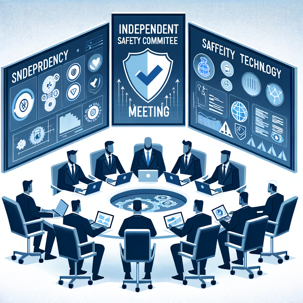 Illustrate an image of an independent safety committee meeting which is a vector, flat, and corporate style. The illustration is depicting a round table discussion with committee members in 2D, linear perspective on a white and textureless background. Around the table sit four unidentifiable figures, representing committee members. Include safety and technology icons in the background symbolizing enhanced security measures. There are large screens in the backdrop showing security reports and charts. The color palette predominantly uses shades of blue and grey to convey a sense of seriousness and trustworthiness.