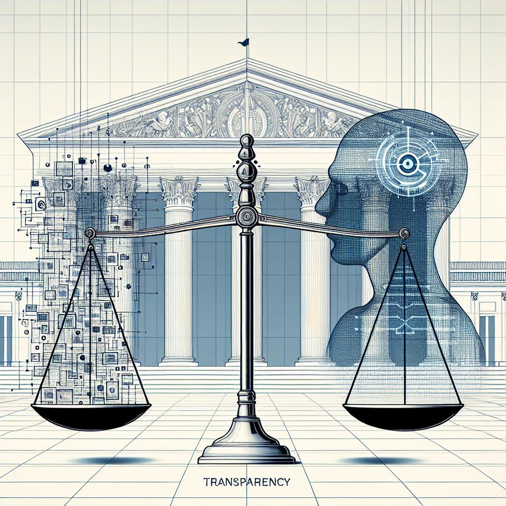 Visualize a corporate, flat, vector-style scene on a 2D linear perspective over a plain white background. On the forefront, introduce a scale, representing the tension between freedom of speech and control, subtly balanced. To one side, emphasize the element of artificial intelligence using a visual motif of digital circuits, symbolizing interconnectedness and advanced technology. On the other side, depict the outline of a classical building with a dome, hinting at government influence and politics, but without any specific identification to a real-world counterpart. Affix the word 'Transparency' onto the image, underlining the pressing need for clarity within AI systems.